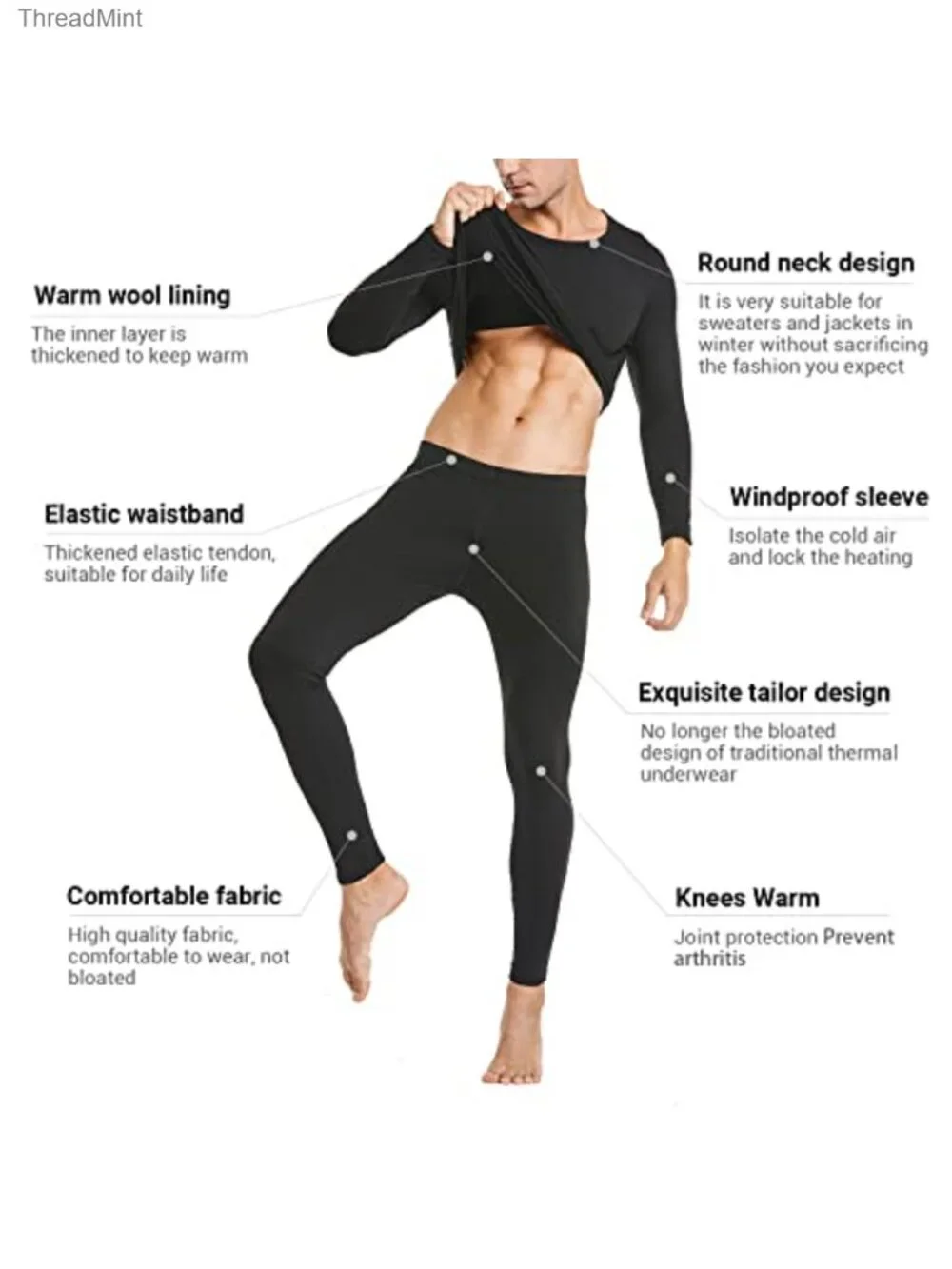 Men's Thermal Underwear Set Ultra-Soft Fleece Lined Base Layer Top & Bottom